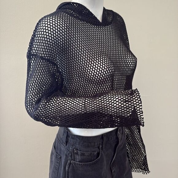 Basic Pleasure Mode Cropped Fishnet Hoodie in Black PacSun Urban Outfitters - Picture 9 of 9